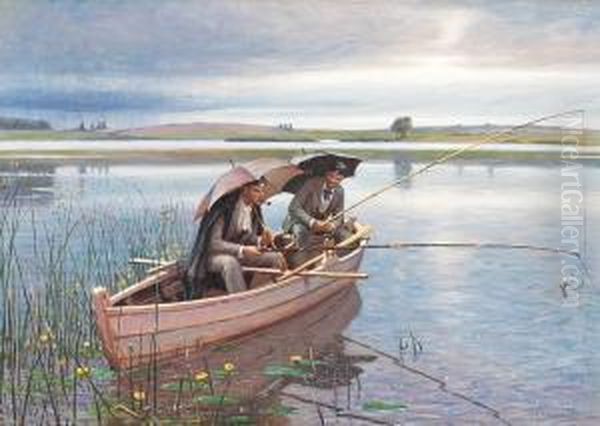 Two Students On A Fishing Trip Oil Painting by Niels Frederik Schiottz-Jensen