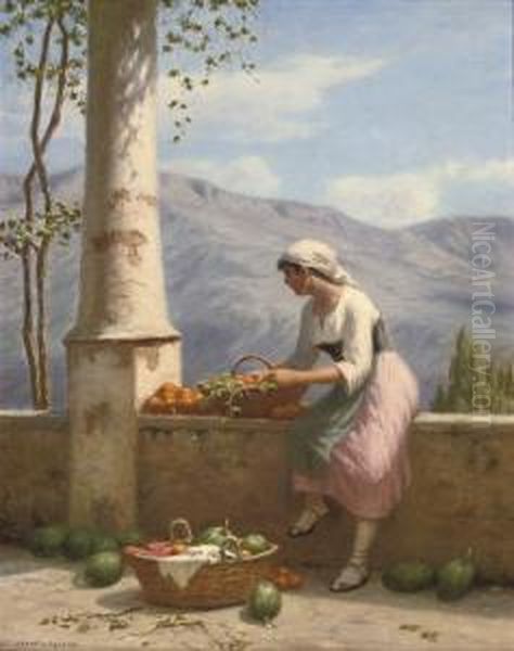 Sorting Fruit On The Balcony Oil Painting by Niels Frederik Schiottz-Jensen