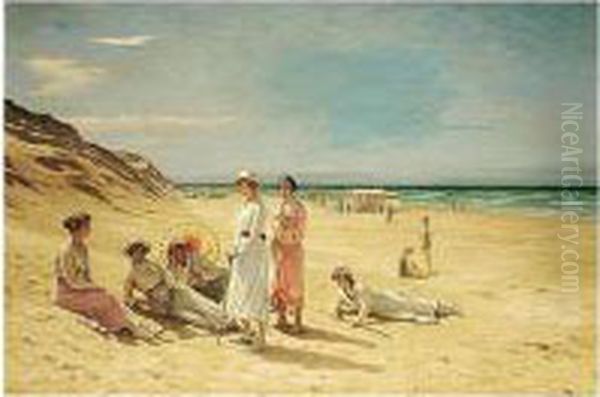 Sommerdag Pa Stranden, Lonstrup (summer Day On Lonstrup Beach) Oil Painting by Niels Frederik Schiottz-Jensen