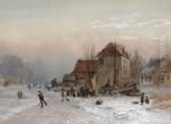 Ice Skaters On The Borders Of A City Oil Painting by Piet Schipperus