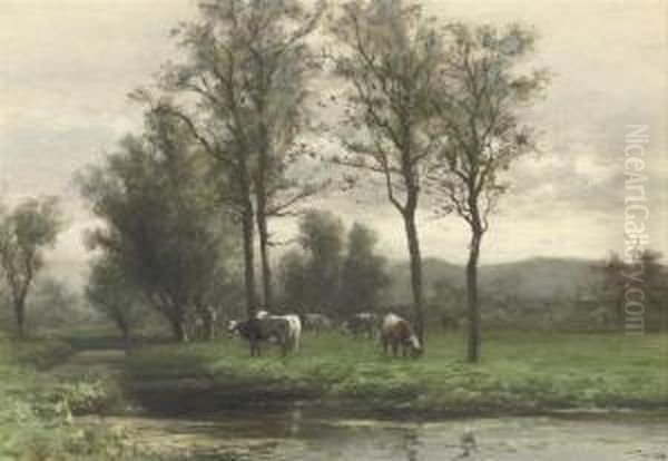 Cattle Grazing Near A River Oil Painting by Piet Schipperus