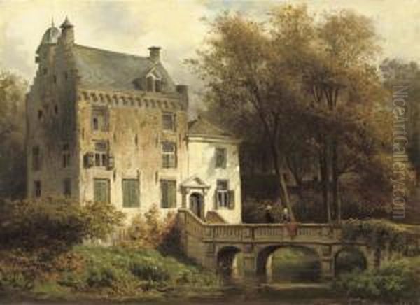 The Castle Oudaen Along The River Vecht, Near Breukelen: On Thebridge Oil Painting by Piet Schipperus