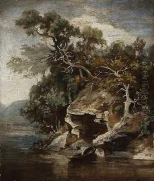 Uferlandschaft Mit Kahn. Oil Painting by Johann Wilhelm Schirmer