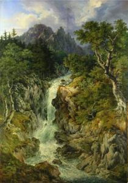 Gebirgsbach Mit Wasserfall Vor Felsmassiv Und Gipfelkreuz Oil Painting by Johann Wilhelm Schirmer