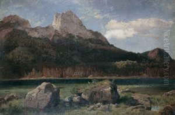 Am Hintersee Bei
 Berchtesgaden.

 Monogrammiert Unten Rechts: S.

 Ol Auf Karton. H 45,5; B 67 Oil Painting by Johann Wilhelm Schirmer