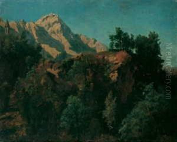 Baumbestandene Hugelige Felskuppe Vor Einer Schweizer Bergkette Oil Painting by Johann Wilhelm Schirmer