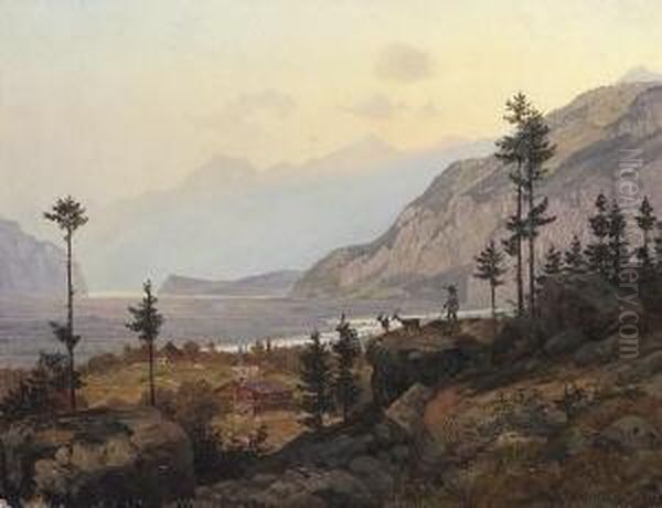 Blick In Ein Weites Flusstal Im
 Gebirge Oil Painting by Johann Wilhelm Schirmer