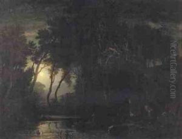 Moonlit Lake Oil Painting by Johann Wilhelm Schirmer