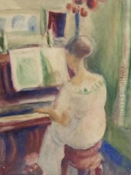 Lady Behind A Piano Oil Painting by Ferdinand Schirren