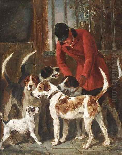 A huntsman with hounds and a terrier by a kennel door Oil Painting by John Emms