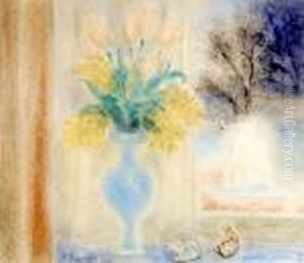 Vase Garni De Tulipes Et De Mimosas Oil Painting by Ferdinand Schirren