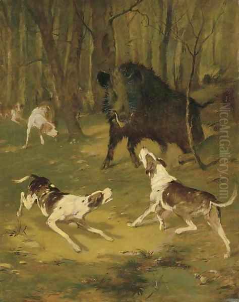 Boar Hunting in a Forest Oil Painting by John Emms