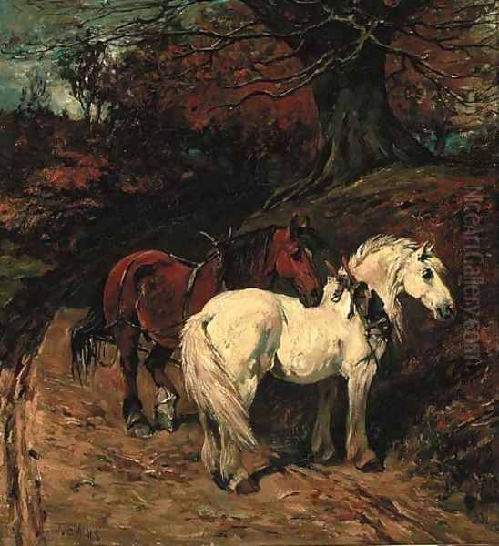 Carthorses on a wooded track Oil Painting by John Emms