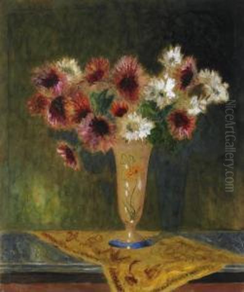 Floral Still Life With Dahlias In An Art Nouveau Vase, Decorated On A Table Oil Painting by Ferdinand Schirren