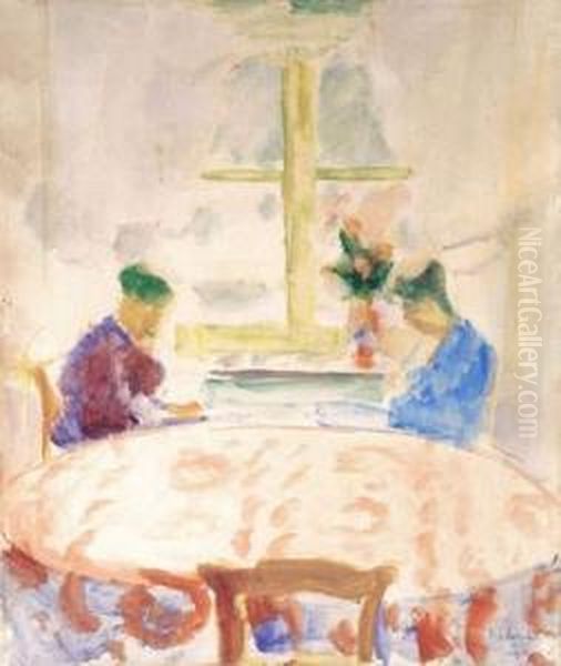 Twee Vrouwen In Een Interieur (ca. 1914) Oil Painting by Ferdinand Schirren