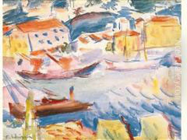 Havenzicht In De Provence (ca. 1915-1919) Oil Painting by Ferdinand Schirren