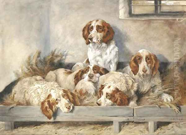 Five clumber spaniels Oil Painting by John Emms