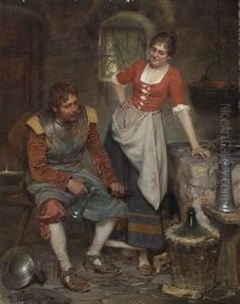 Magd Und Landsknecht An Der
 Feuerstelle. Oil Painting by Viktor Schivert