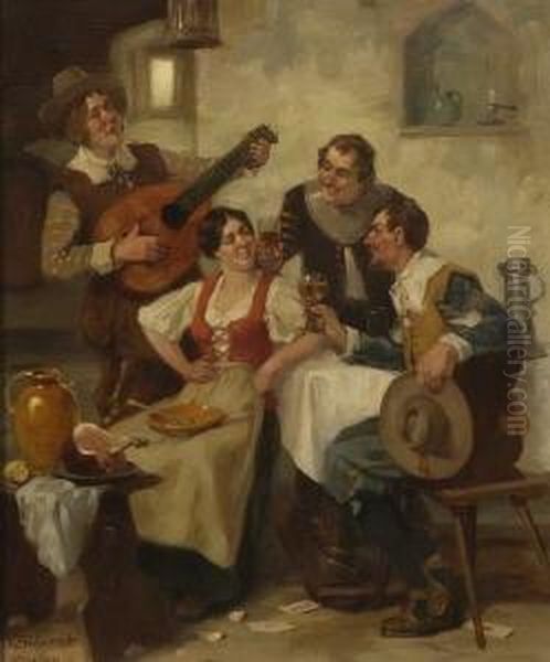 Zechende Gesellschaft In Der
 Stube. Oil Painting by Viktor Schivert