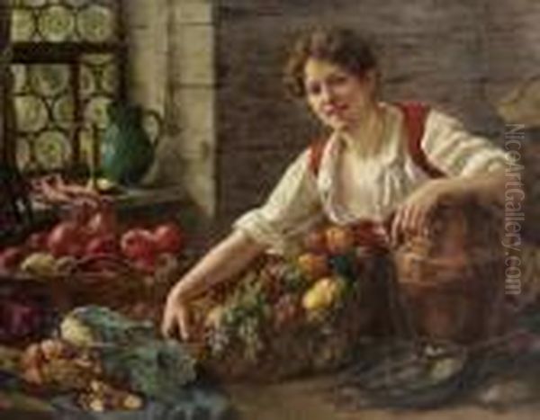 Junge Magd Mit Obst Und
 Gemuse. Oil Painting by August Friedrich Schlegel