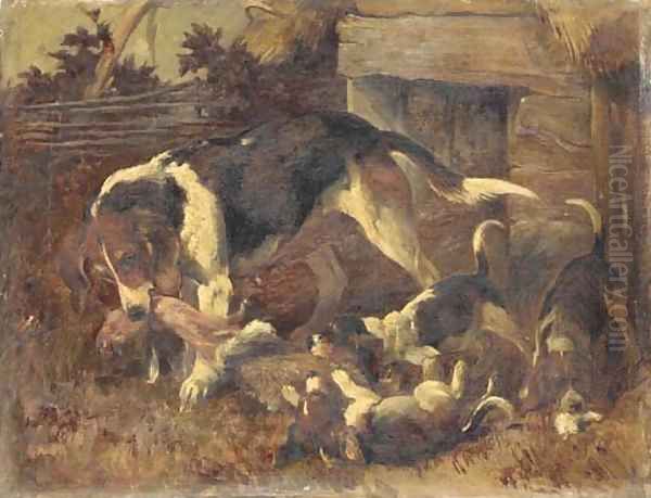 A hound and puppies with a fox's brush outside a kennel Oil Painting by John Emms