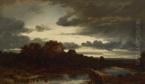 Abendlandschaft. Oil Painting by Eduard I Schleich