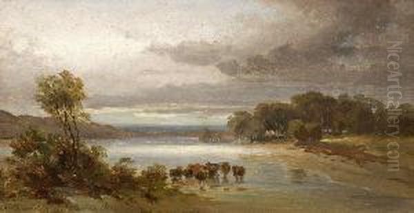 Landschaft Mit Rinderherde In Der
 Schwemme. Oil Painting by Eduard I Schleich