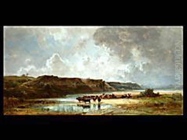 Kuhe Am Gewasser Vor Aufziehendem Gewitter Oil Painting by Eduard I Schleich