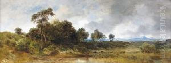 Auenlandschaft Mit Weidenden Kuhen Im Seichten Wasser. Oil Painting by Eduard I Schleich