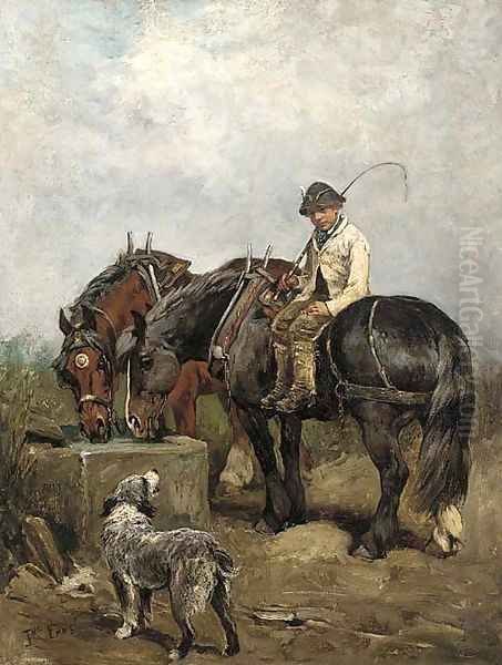 At the water trough Oil Painting by John Emms