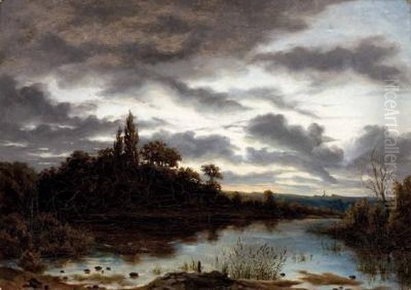 Abendstimmung Am Fluss Oil Painting by Schleich Eduard I & Bach Alois