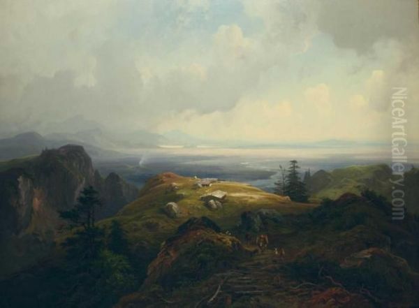 Gebirgslandschaft. Oil Painting by Schleich Eduard I & Bach Alois