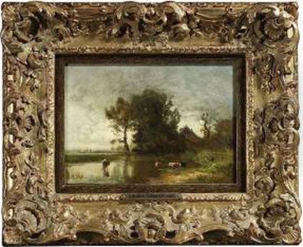 Landscape With Cows At A Pond. Oil Painting by Schleich Eduard I & Bach Alois