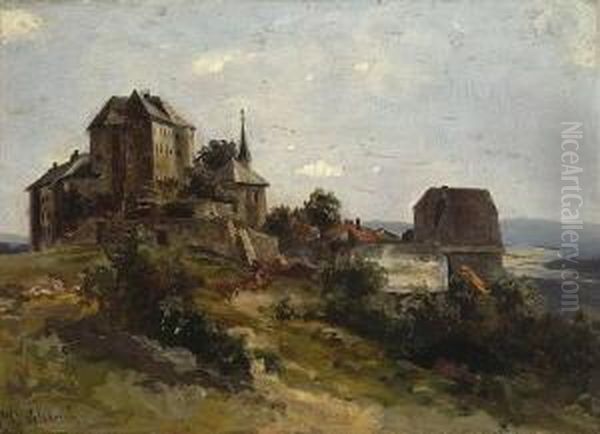 Blick Auf Ein Dorf Mit
 Burg. Oil Painting by Eduard Ii Schleich