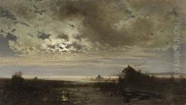 Moorlandschaft Bei
 Sonnenuntergangsstimmung Oil Painting by Eduard Ii Schleich