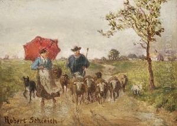 Hirte Mit Schafherde Und
 Bauerin Oil Painting by Robert Schleich