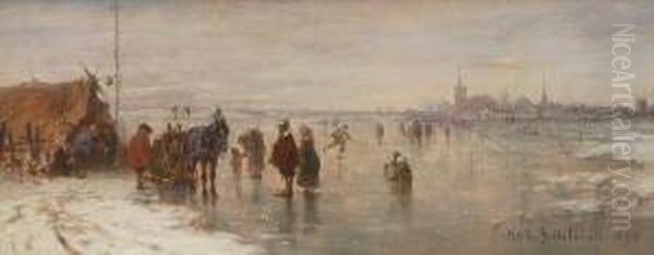 Eisvergnugen Vor Niederlandischer
 Stadt. Oil Painting by Robert Schleich