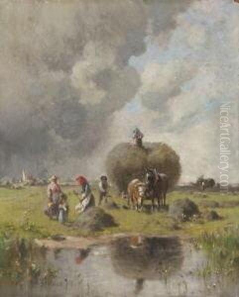 Heuernte Bei Aufziehendem
 Gewitter. Oil Painting by Robert Schleich