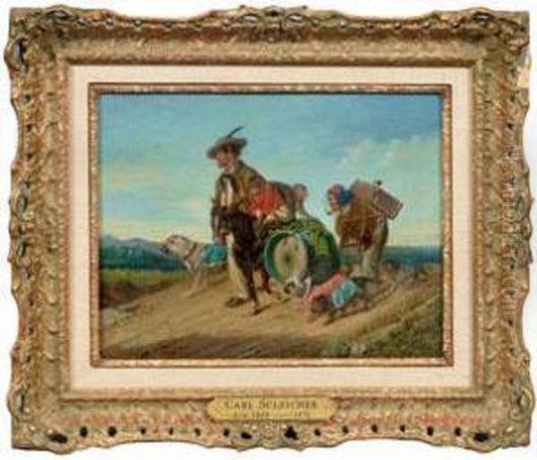 Kleiner Wanderzirkus In Weiter Landschaft Oil Painting by Carl Schleicher