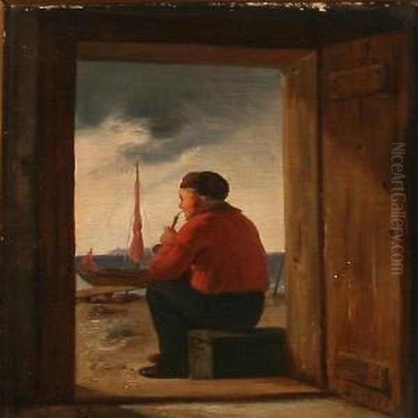 A Fisherman In A Doorway Oil Painting by Christian Andreas Schleisner