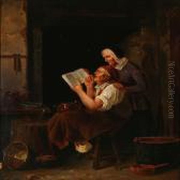 An Elderly Couple Reading A Book Oil Painting by Christian Andreas Schleisner