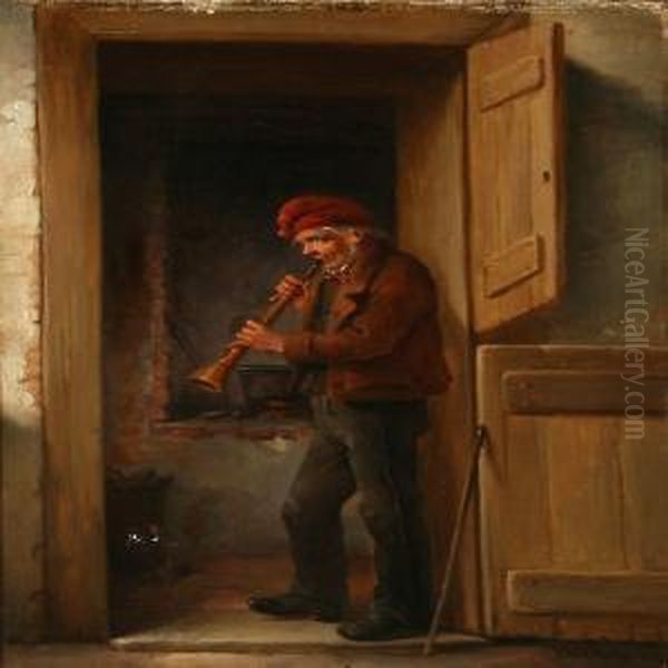 En Blind Mand, Som Blaeser Klarinet Oil Painting by Christian Andreas Schleisner