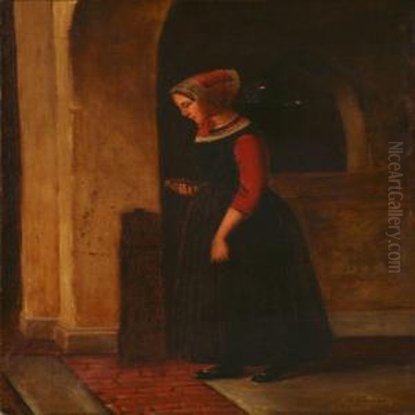 Interior With A Woman In A Folk Costume Oil Painting by Christian Andreas Schleisner