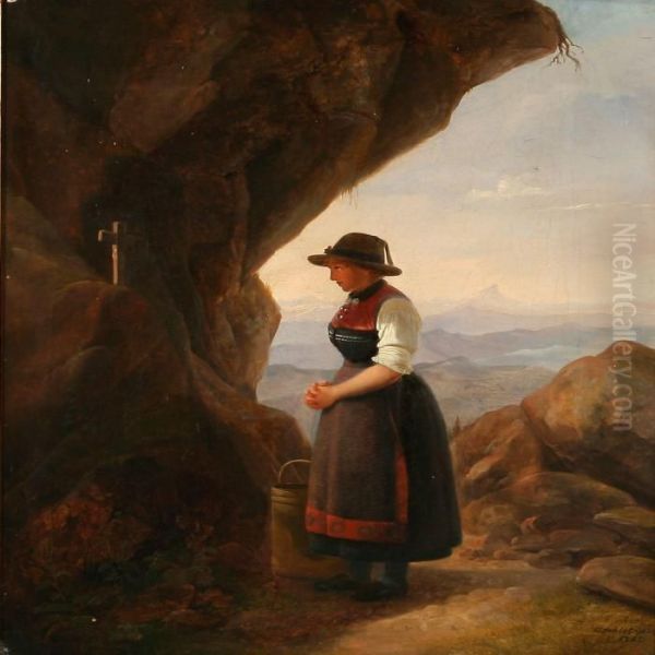 A Girl Prays At A Road Altar In Southern Europe Oil Painting by Christian Andreas Schleisner