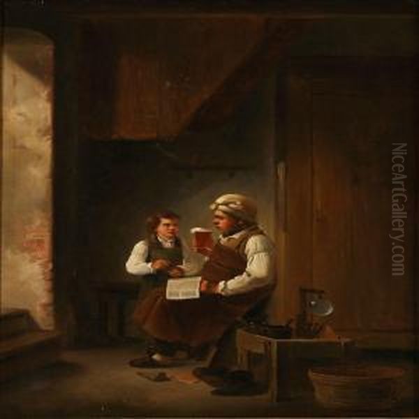 A Shoemaker In His Workshop Oil Painting by Christian Andreas Schleisner