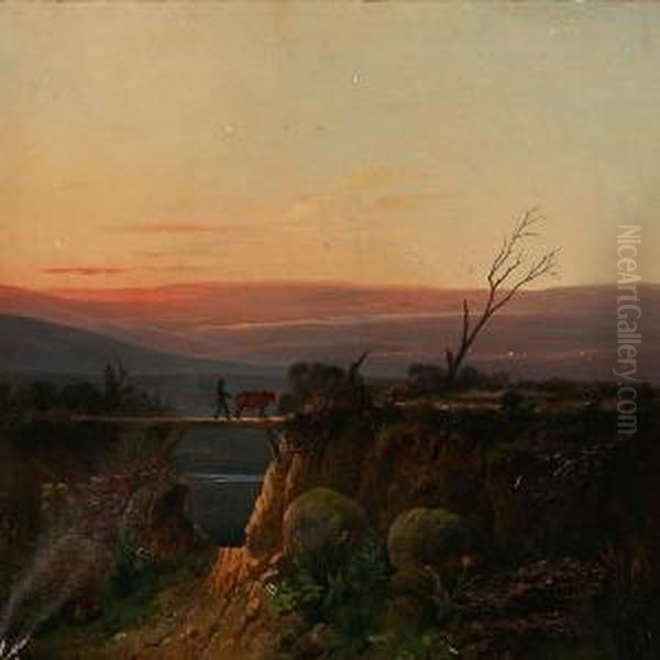 Landscape With Sunset Oil Painting by Christian Andreas Schleisner