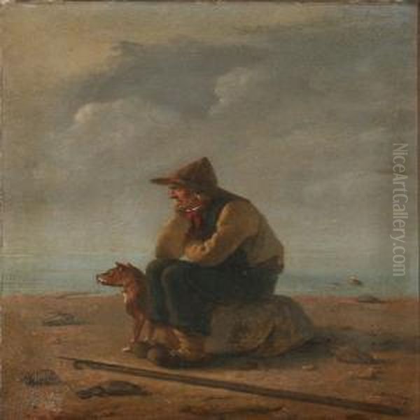 A Fisherman And His Do, Looking Out Over The Ocean Oil Painting by Christian Andreas Schleisner