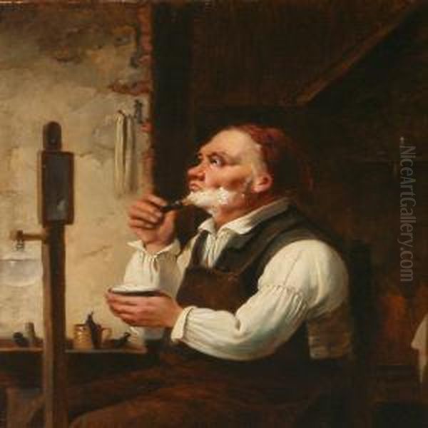 An Eldergentlemanman Shaving Oil Painting by Christian Andreas Schleisner