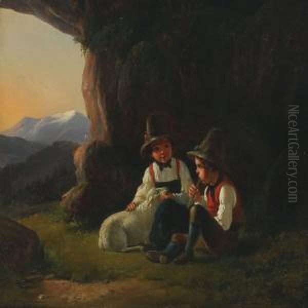 Landscape With Boys And A Sheep Resting At A Cave Oil Painting by Christian Andreas Schleisner