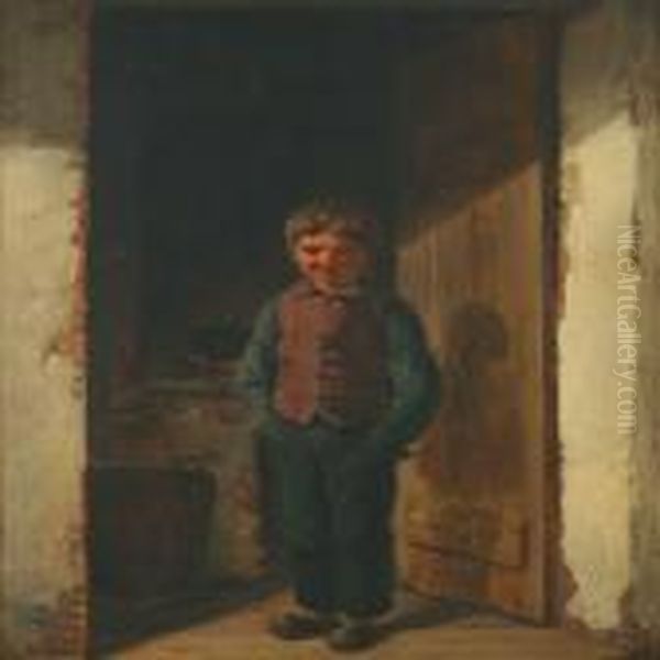 Boy In A Door Oil Painting by Christian Andreas Schleisner